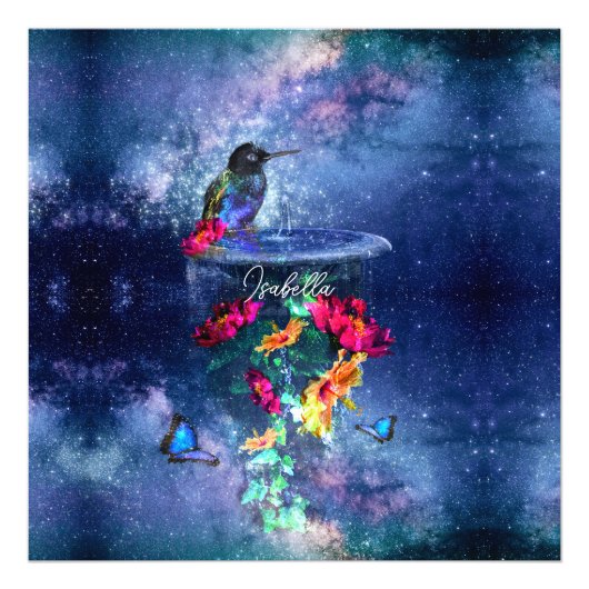 熱帯の花、ハチドリ、蝶と星 フォトプリント            (正面)