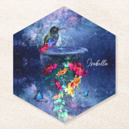 熱帯の花、ハチドリ、蝶と星 ペーパーコースター