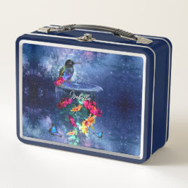 熱帯の花、ハチドリ、蝶と星 メタルランチボックス