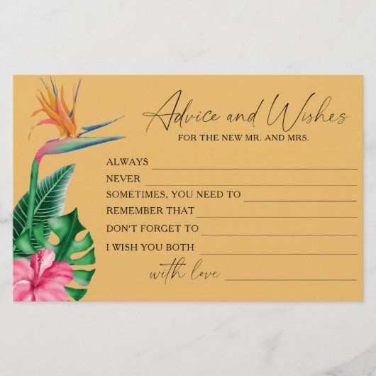 熱帯の花 – ブライダルシャワーアドバイスとウィッシュ 便箋 (正面)