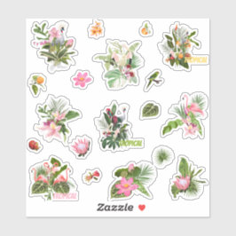 熱帯の花、ヤシの離れ花と鳥のセット。 シール