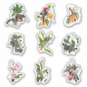 熱帯の花、ヤシの離れ花と鳥のセット。 シール (正面)