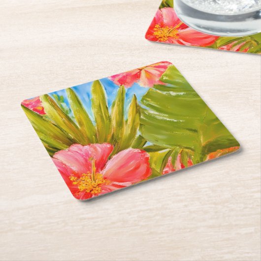 熱帯の花、手のひら、ハワイ スクエアペーパーコースター (アングル)