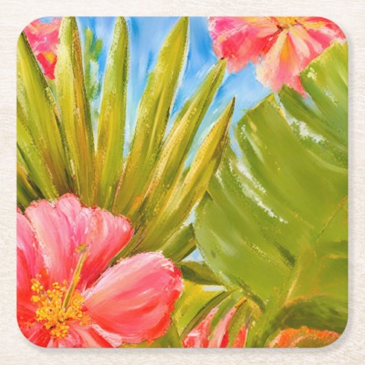 熱帯の花、手のひら、ハワイ スクエアペーパーコースター (正面)
