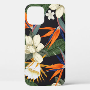 熱帯の花、暗い背景、フローラシームレス iPhone 12ケース