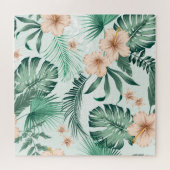 熱帯の花、緑豊かな葉のパターン。 ジグソーパズル (横)