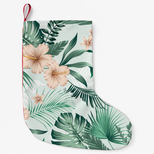 熱帯の花、緑豊かな葉のパターン。 スモールクリスマスストッキング (正面)