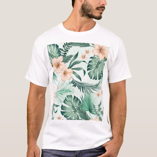 熱帯の花、緑豊かな葉のパターン。 Tシャツ (正面)