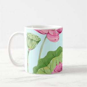 熱帯の花、葉、ピンクの蓮、水ユリ コーヒーマグカップ