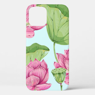 熱帯の花、葉、ピンクの蓮、水ユリ iPhone 12ケース