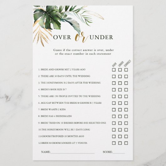 熱帯の葉がブライダルシャワーの上または下 (正面)