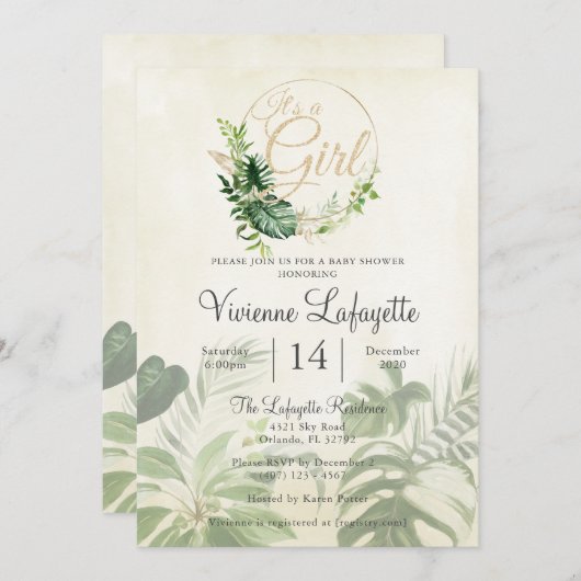 熱帯の葉が葉を残し、少女の赤ん坊のシャワー 招待状 (正面/裏面)