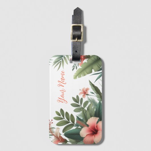 熱帯の葉とサンゴのハイビスカスの花 ラゲッジタグ (正面縦)