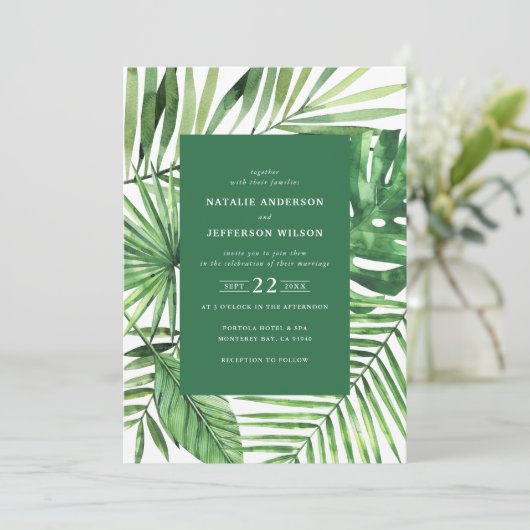 熱帯の葉とスクリプトの水彩結婚式の招待 セーブザデート (スタンド正面)