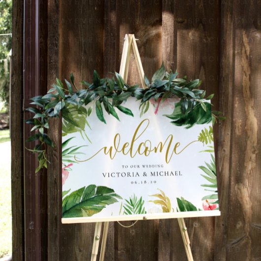 熱帯の葉とフローラ結婚の歓迎サイン ポスター