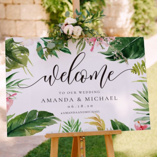 熱帯の葉とフローラ結婚歓迎の徴候 ポスター