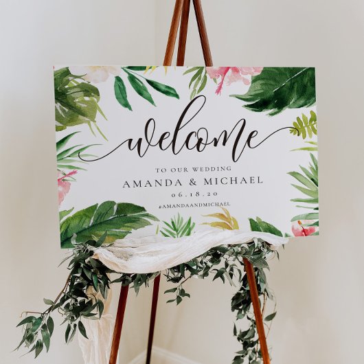 熱帯の葉とフローラ結婚歓迎の徴候 ポスター