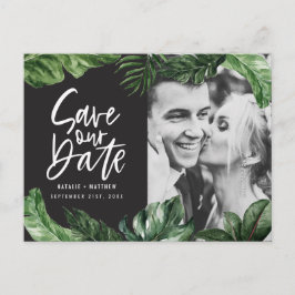 熱帯の葉と手のレタリングの結婚写真 ポストカード