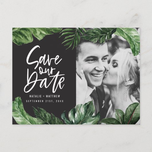 熱帯の葉と手のレタリングの結婚写真 ポストカード (正面)