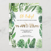 熱帯の葉と金ゴールド動物の赤ちゃんシャワー (正面/裏面)