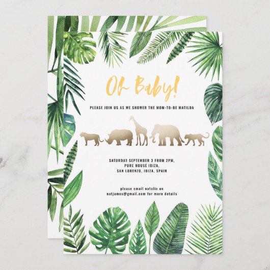 熱帯の葉と金ゴールド動物の赤ちゃんシャワー (正面/裏面)