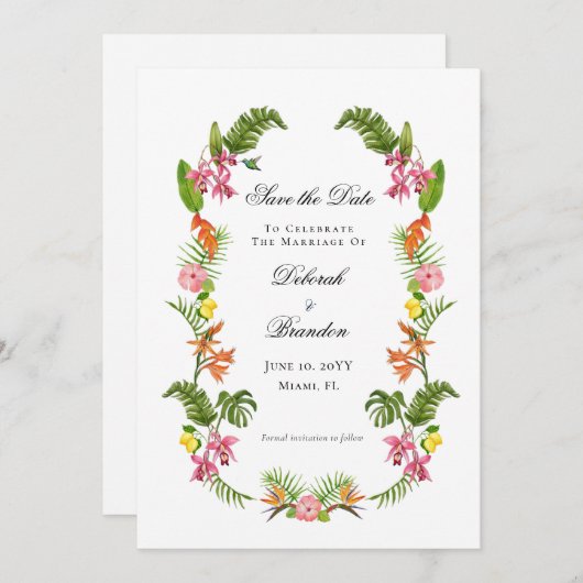 熱帯の葉の写真なし日付保存 招待状 (正面/裏面)