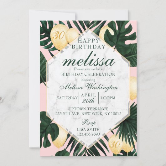 熱帯の葉の大理石ピンクの金ゴールド誕生日の招待 招待状 (正面)