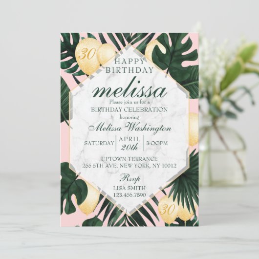 熱帯の葉の大理石ピンクの金ゴールド誕生日の招待 招待状 (スタンド正面)