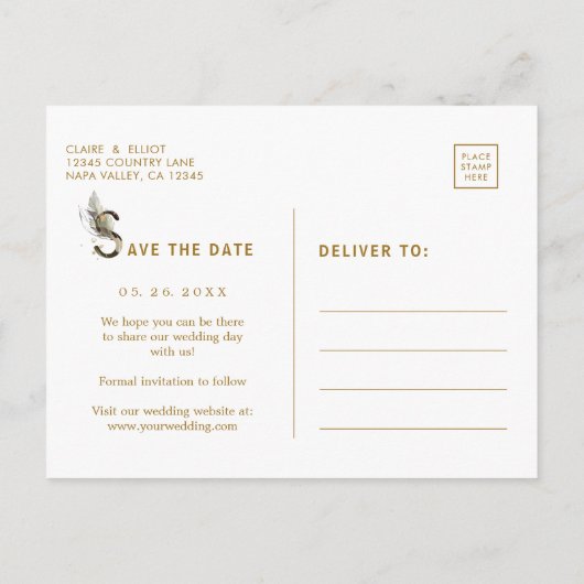 熱帯の葉の結婚式は日付を保存金ゴールド 案内ポストカード (裏面)