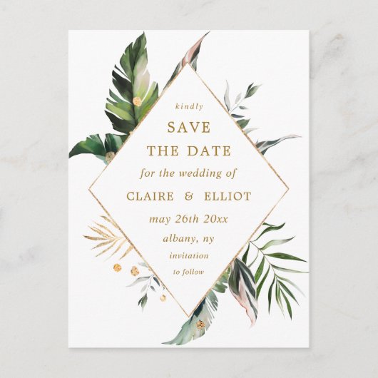 熱帯の葉の結婚式は日付を保存金ゴールド 案内ポストカード (正面)