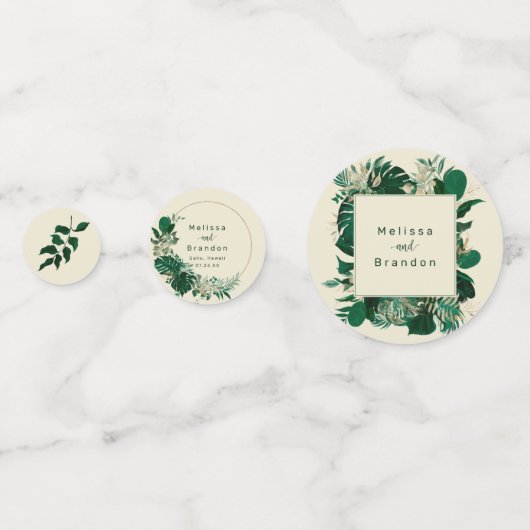 熱帯の葉の緑と葉結婚のテーブル コンフェッティ (裏面)