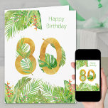 熱帯の葉の緑と金ゴールドの大きな80誕生日 カード<br><div class="desc">大80歳の誕生日カード。このデザインは、トロピカルな金ゴールドで絡んだ80のテクスチャを持った大きな数葉の特徴。外には、パーム縁どのカラフル葉、バナナのハッピーバースデー葉、モノステラのとの言葉を持つのトロピカルフラワーもあります。カードの内側にも80番飾号が付いて、テンプレートが設定され、必要に応じてメッセージカスタムを追加でもしきる。私の店を見て80番誕生日カードやギフトを買って下さい。</div>
