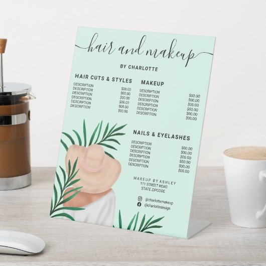 熱帯の葉の緑の髪のメイクアップサロン価格 台座サイン (インサイチュ)