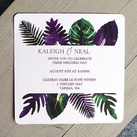 熱帯の葉の緑、梅の紫離れの結婚の 招待状