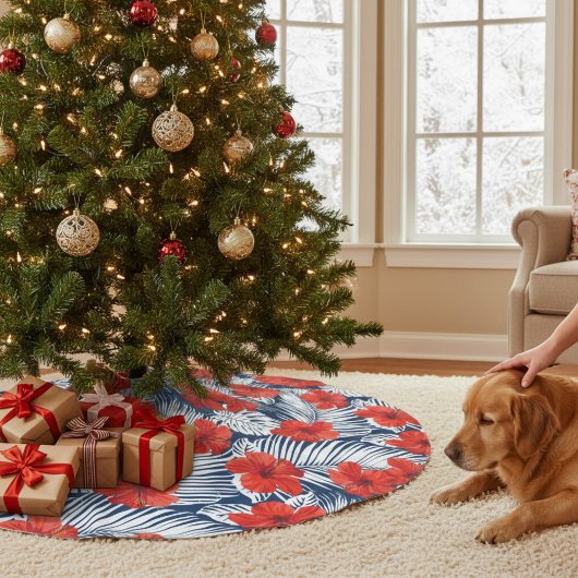 熱帯の葉の赤いフローラハイビスカス |クリスマス ブラッシュドポリエステルツリースカート