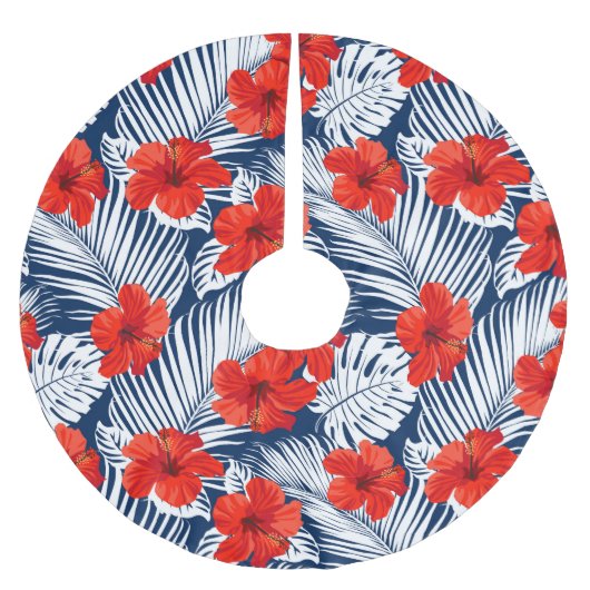 熱帯の葉の赤いフローラハイビスカス |クリスマス ブラッシュドポリエステルツリースカート (正面)