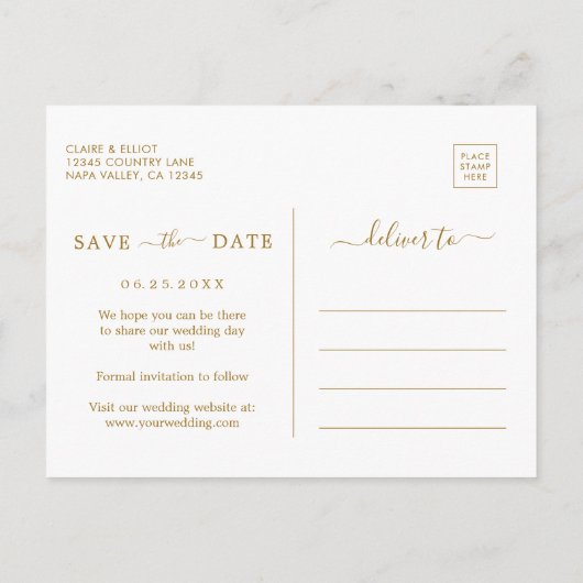 熱帯の葉の金ゴールド結婚式の日付を保存 案内ポストカード (裏面)