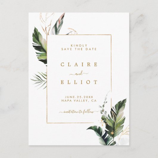 熱帯の葉の金ゴールド結婚式の日付を保存 案内ポストカード (正面)