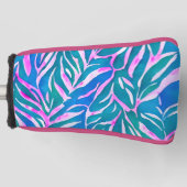 熱帯の葉の青いピンク色のパターン ゴルフヘッドカバー (正面)