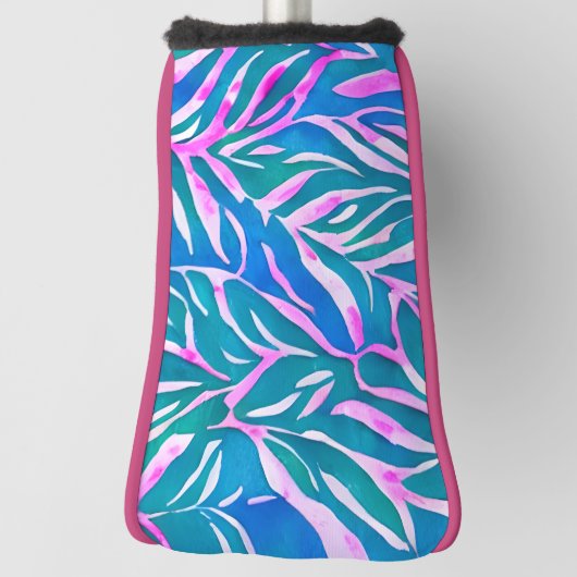 熱帯の葉の青いピンク色のパターン ゴルフヘッドカバー (回転90)
