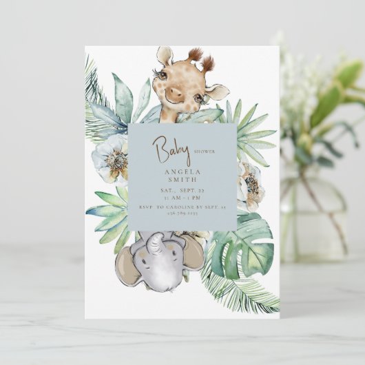 熱帯の葉ほこりっぽい青いジャングルの赤ちゃんシャワー 招待状 (スタンド正面)