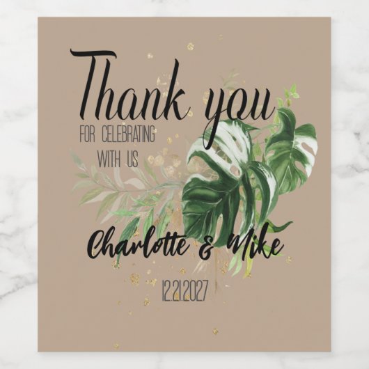 熱帯の葉をパーソナライズ結婚お礼の好意 ワインラベル (シングルラベル)