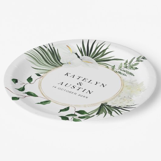熱帯の葉パームの緑のフローラ結婚の ペーパープレート (アングル)