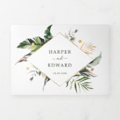 熱帯の葉結婚の緑が一つになる 三つ折り招待状 (カバー)