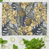 熱帯の葉花の模様 キッチンタオル (折り畳み)