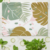熱帯の葉 – モンステラとヤシの葉パターン キッチンタオル (折り畳み)