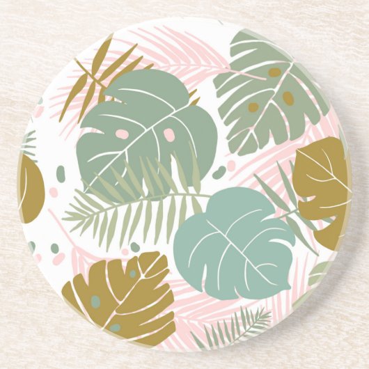 熱帯の葉 – モンステラとヤシの葉パターン コースター (正面)