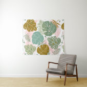 熱帯の葉 – モンステラとヤシの葉パターン タペストリー (インサイチュ(横))