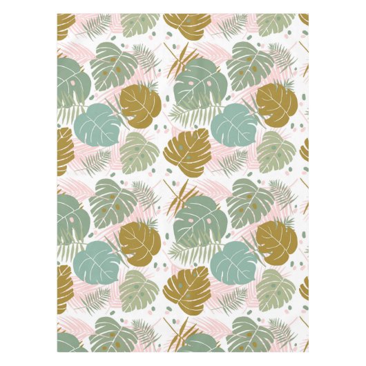 熱帯の葉 – モンステラとヤシの葉パターン テーブルクロス (正面)