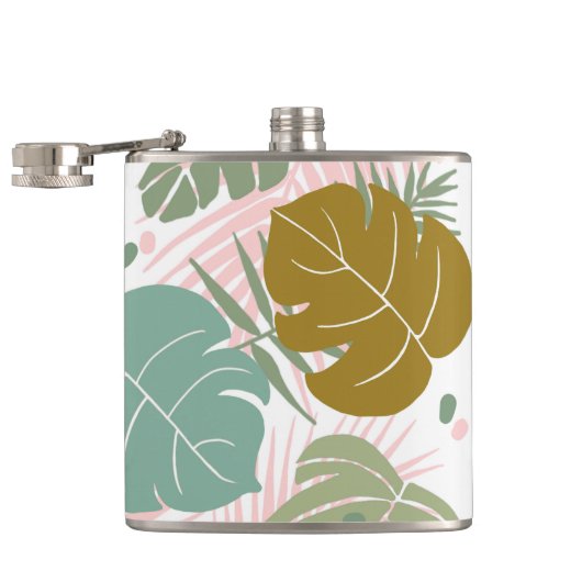 熱帯の葉 – モンステラとヤシの葉パターン フラスク (オープン)